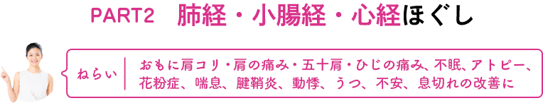 PART2　肺経・小腸経・心経ほぐし　ねらい：おもに肩コリ・肩の痛み・五十肩・ひじの痛み、不眠、アトピー、花粉症、喘息、腱鞘炎、動悸、うつ、不安、息切れの改善に