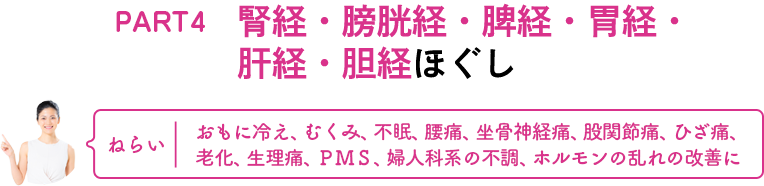 PART4　腎経・膀胱経・脾経・胃経・肝経・胆経ほぐし　ねらい：おもに冷え、むくみ、不眠、腰痛、坐骨神経痛、股関節痛、ひざ痛、老化、生理痛、ＰＭＳ、婦人科系の不調、ホルモンの乱れの改善に